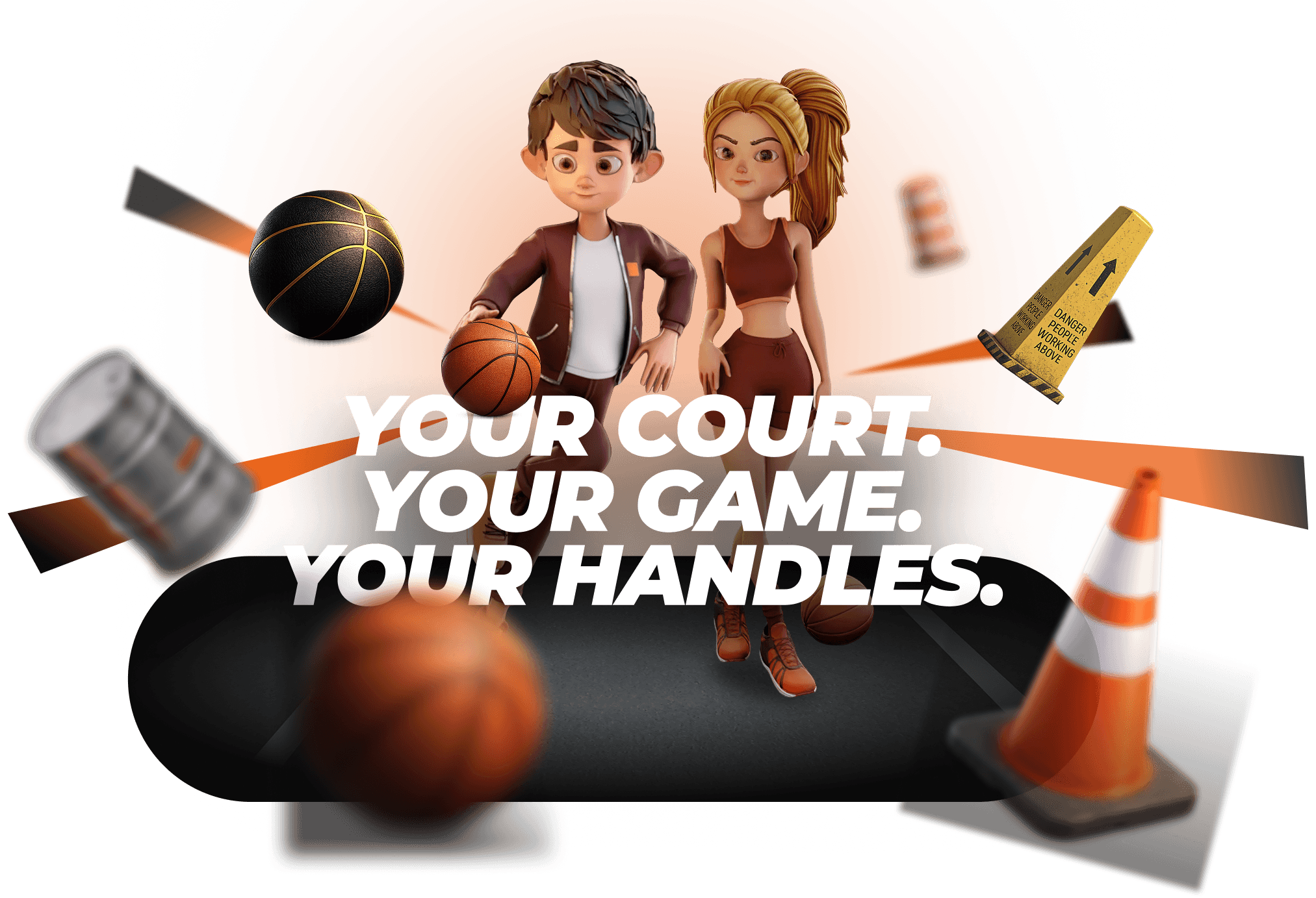 BRKER hero artwork with basketball players and street court props